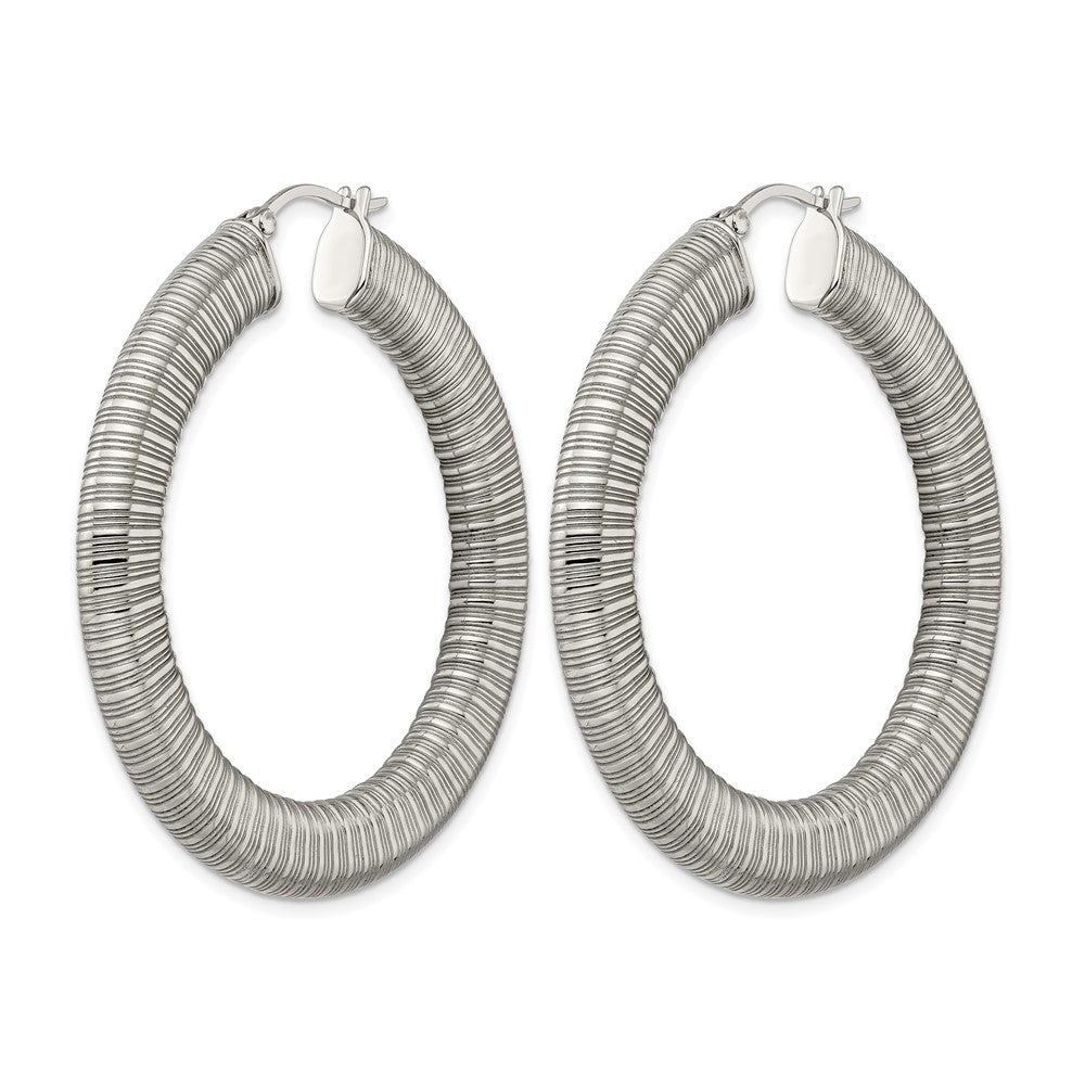 Stainless Steel Polished And Textured Hollow Hoop Earrings