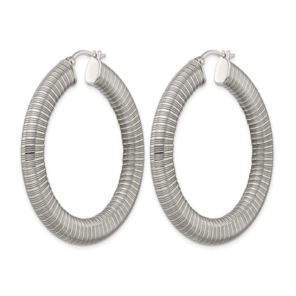Stainless Steel Polished And Textured Hollow Hoop Earrings