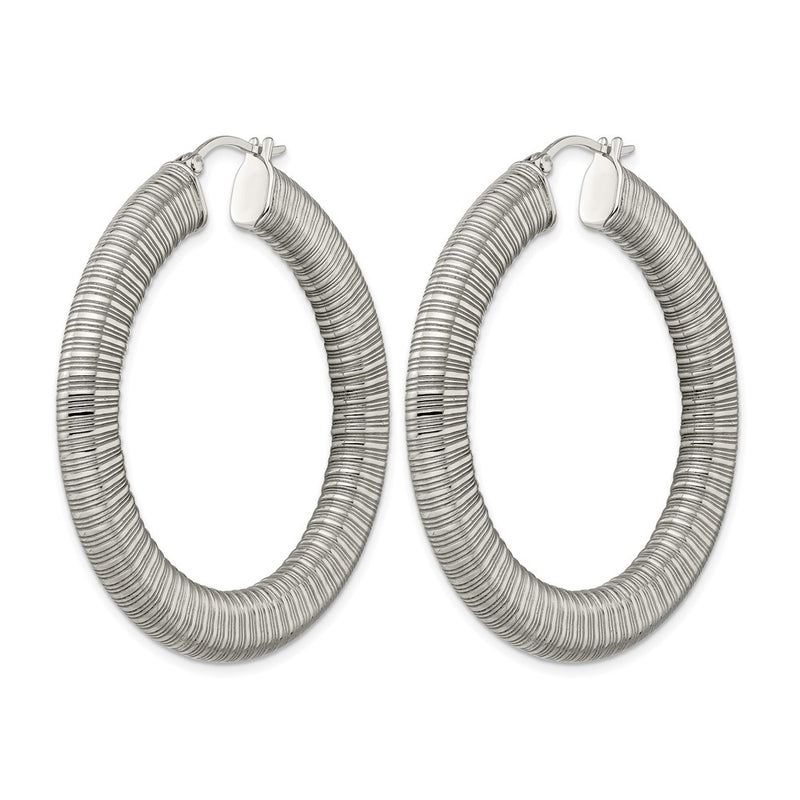 Stainless Steel Polished And Textured Hollow Hoop Earrings