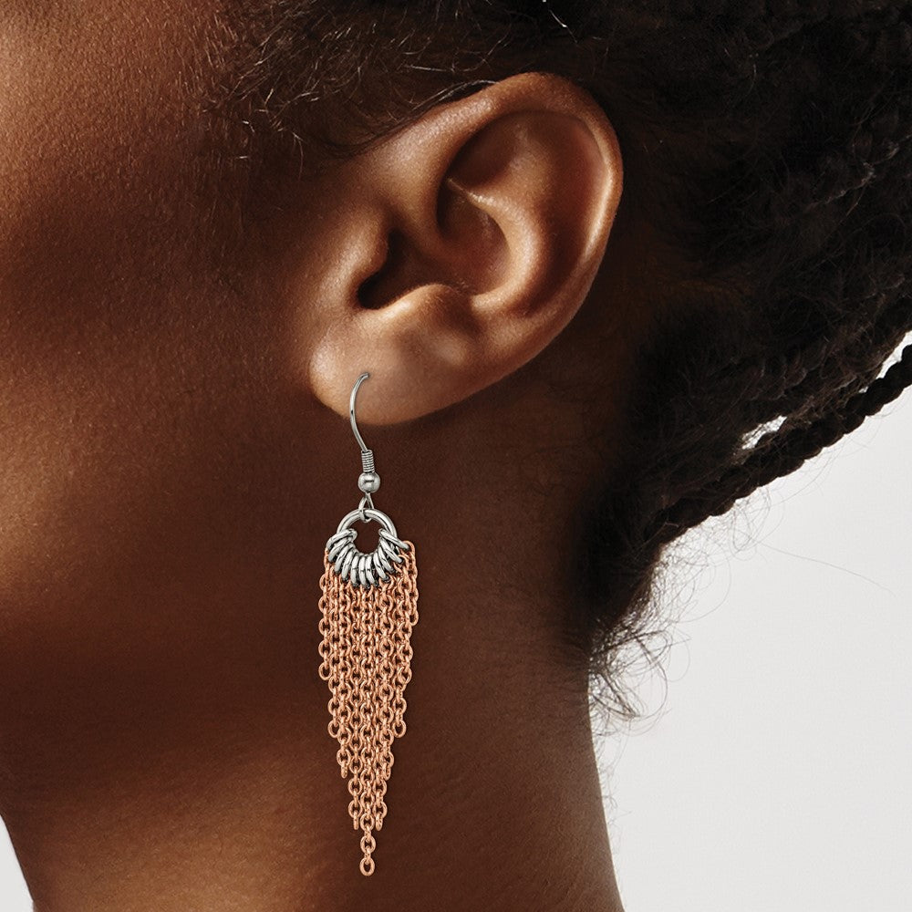 Stainless Steel Chisel Polished Rose Ip-Plated Multi Chain Dangle Earrings