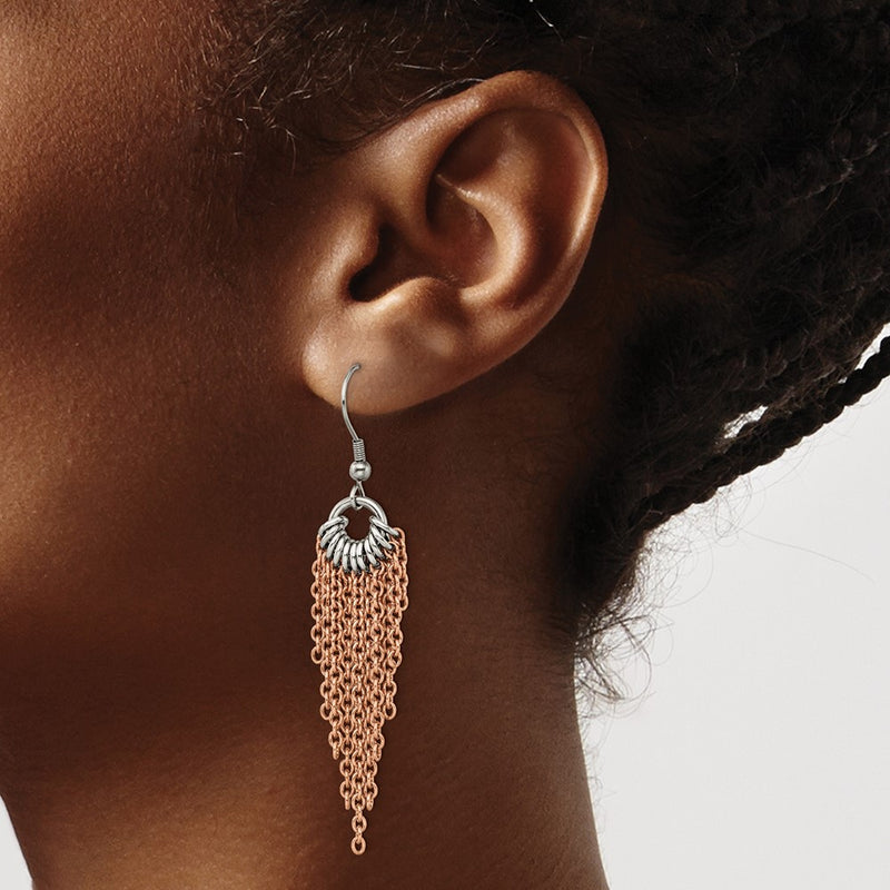 Stainless Steel Chisel Polished Rose Ip-Plated Multi Chain Dangle Earrings