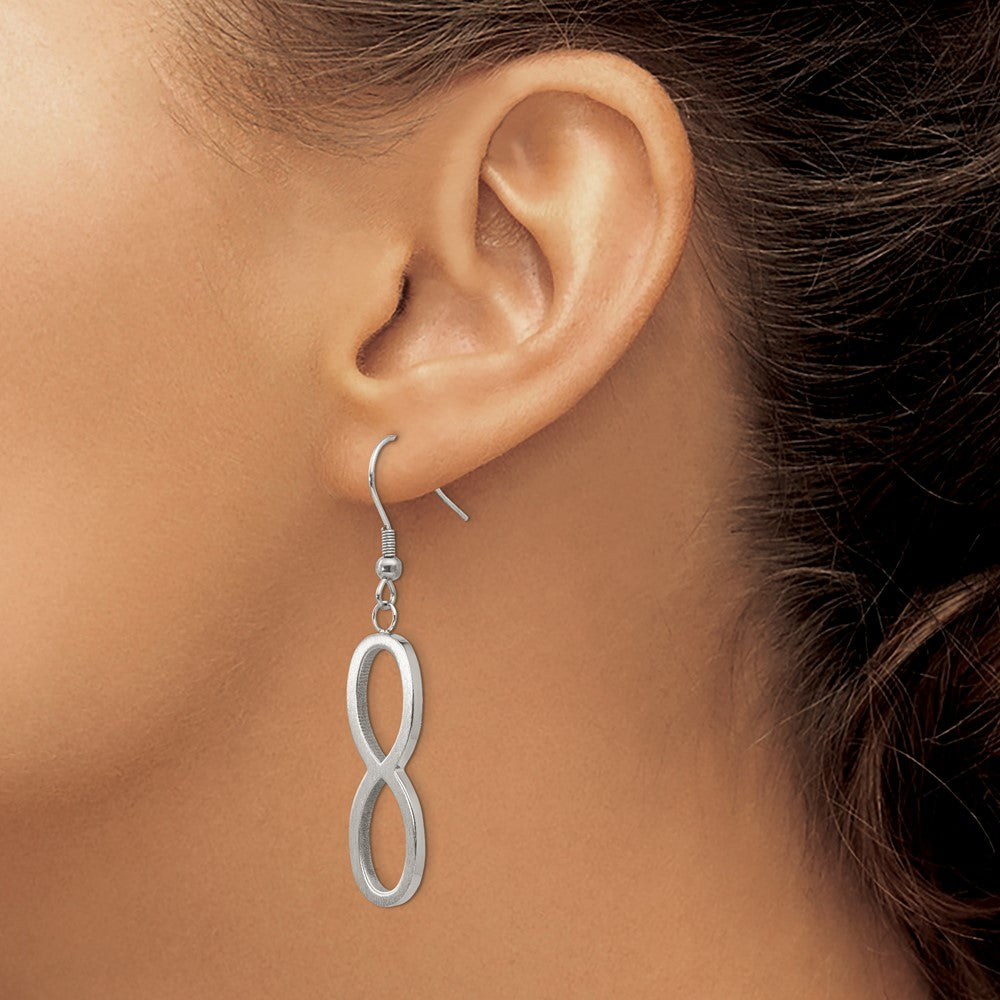 Stainless Steel Chisel Brushed And Polished Infinity Dangle Shepherd Hook Earrings