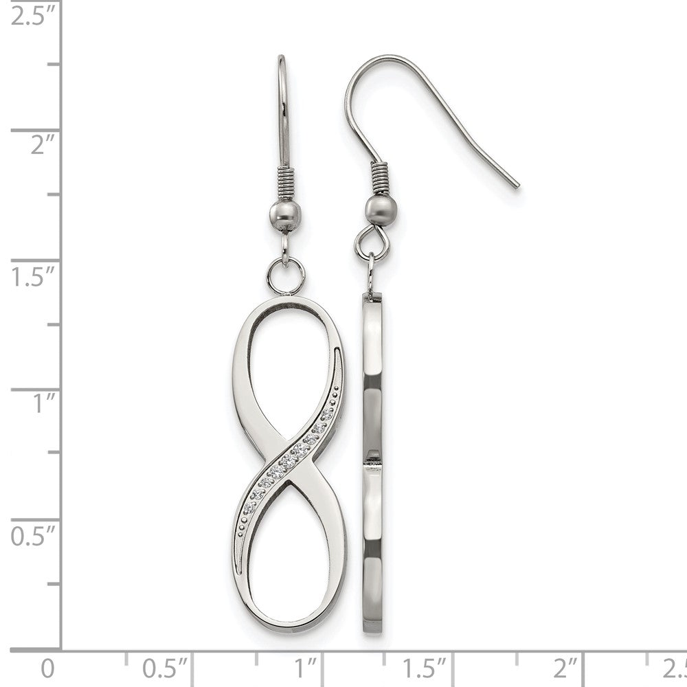 Stainless Steel Chisel Polished With Cz Infinity Dangle Shepherd Hook Earrings