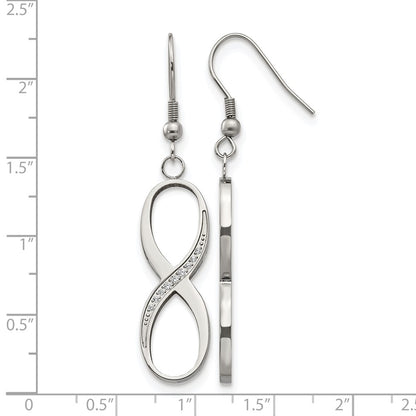 Stainless Steel Chisel Polished With Cz Infinity Dangle Shepherd Hook Earrings