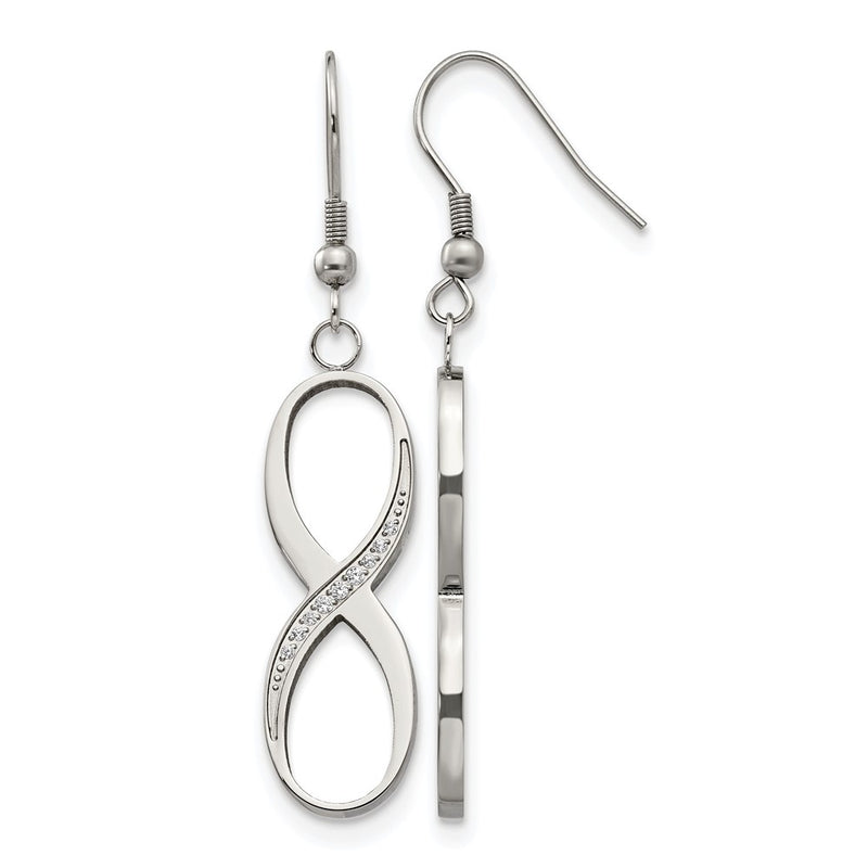 Stainless Steel Chisel Polished With Cz Infinity Dangle Shepherd Hook Earrings