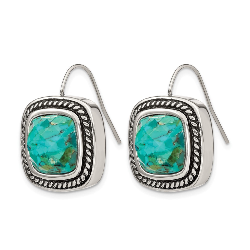 Stainless Steel Chisel Antiqued And Polished Imitation Turquoise Shepherd Hook Earrings