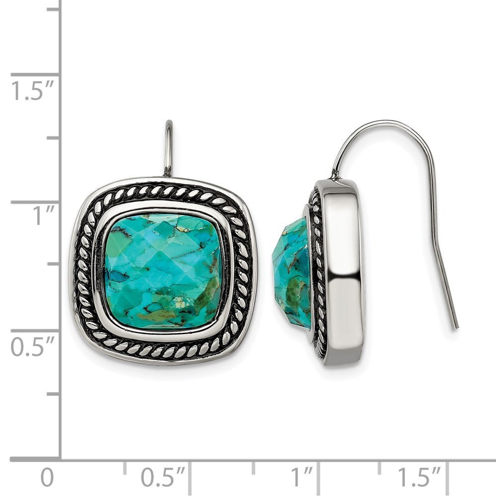 Stainless Steel Chisel Antiqued And Polished Imitation Turquoise Shepherd Hook Earrings