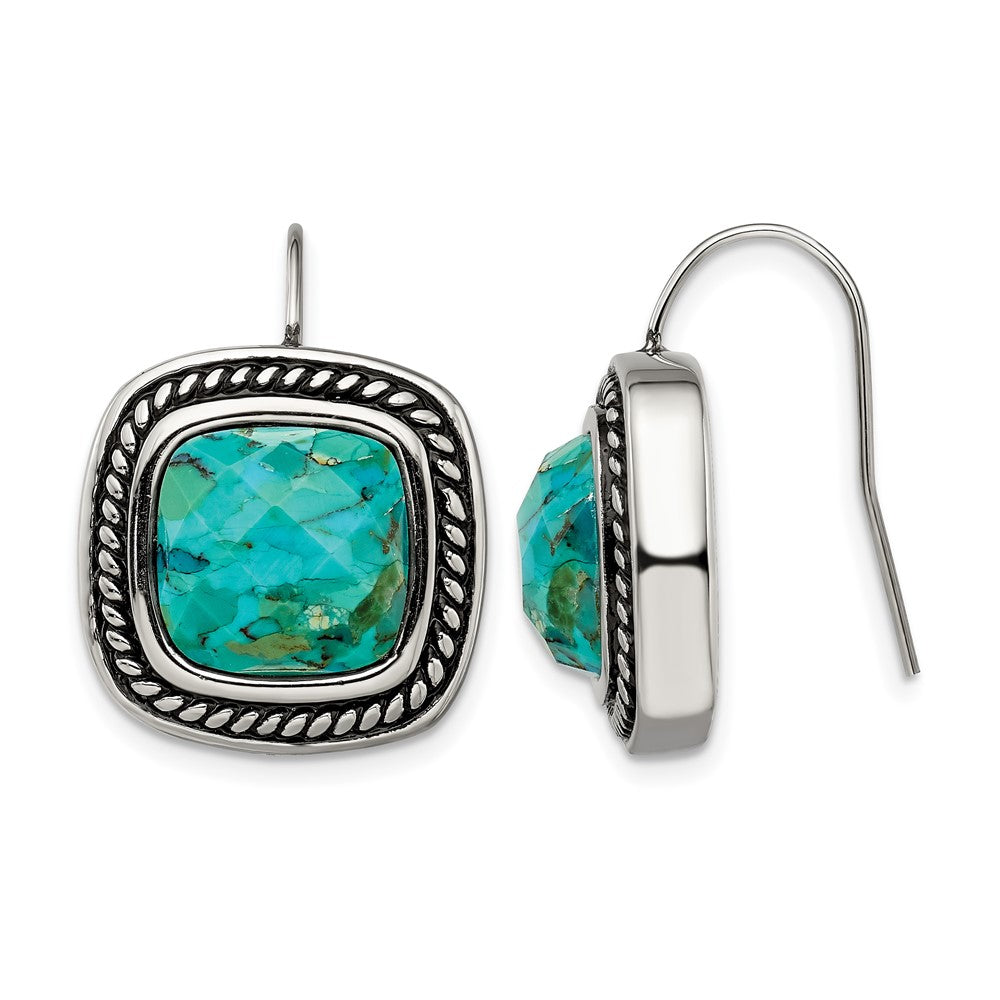 Stainless Steel Chisel Antiqued And Polished Imitation Turquoise Shepherd Hook Earrings
