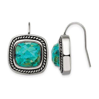 Stainless Steel Chisel Antiqued And Polished Imitation Turquoise Shepherd Hook Earrings