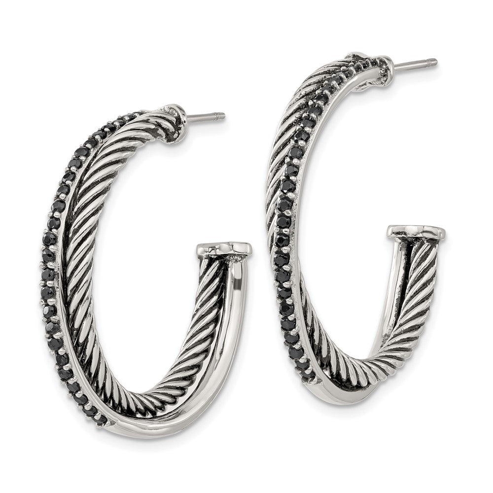 Stainless Steel Polished & Antiqued Twisted Black Cz Post Hoop Earrings