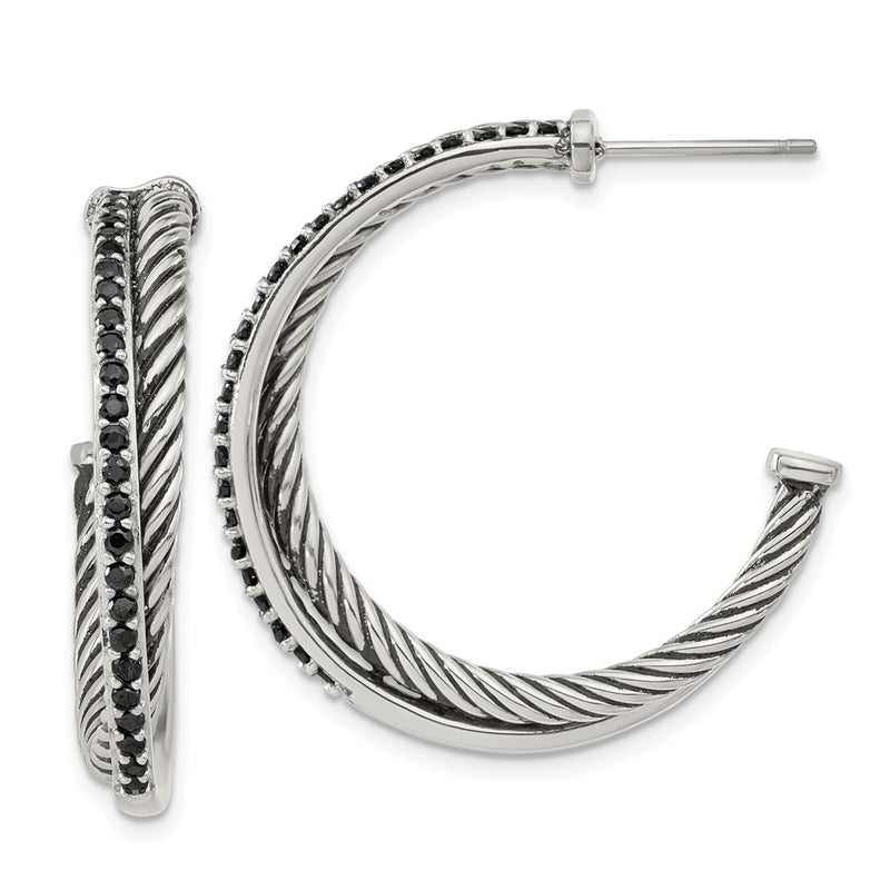 Stainless Steel Polished & Antiqued Twisted Black Cz Post Hoop Earrings