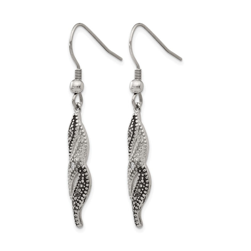 Stainless Steel Chisel Antiqued And Polished Cz Dangle Shepherd Hook Earrings