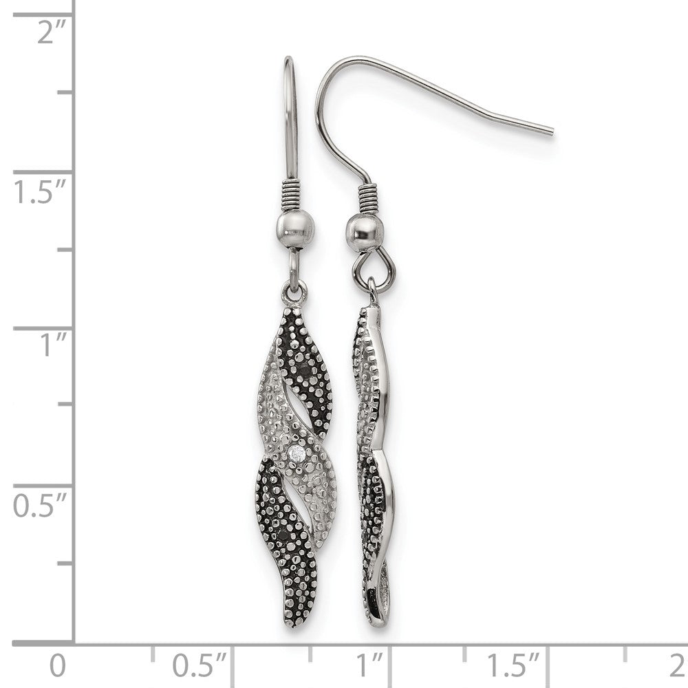 Stainless Steel Chisel Antiqued And Polished Cz Dangle Shepherd Hook Earrings