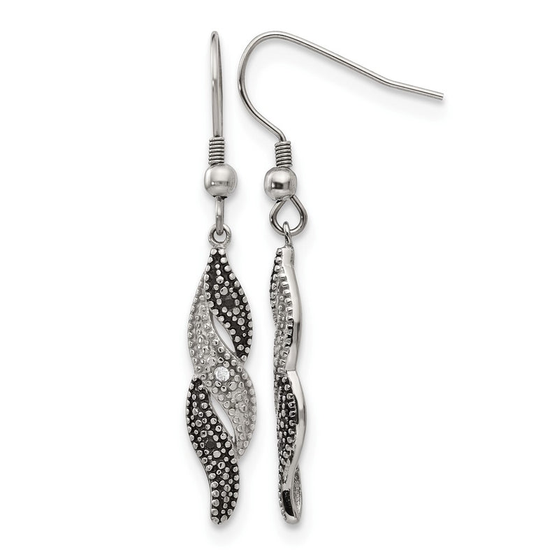 Stainless Steel Chisel Antiqued And Polished Cz Dangle Shepherd Hook Earrings