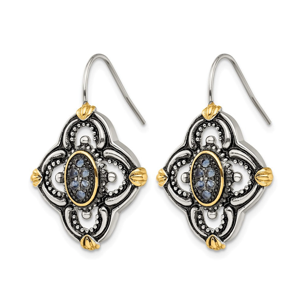 Stainless Steel Chisel Antiqued Polished And Textured Yellow Ip-Plated With Blue Glass Shepherd Hook Earrings