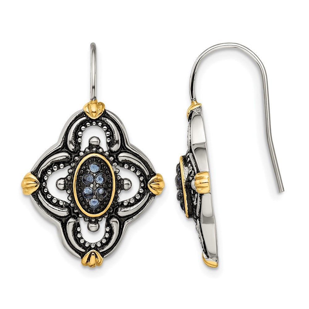 Stainless Steel Chisel Antiqued Polished And Textured Yellow Ip-Plated With Blue Glass Shepherd Hook Earrings