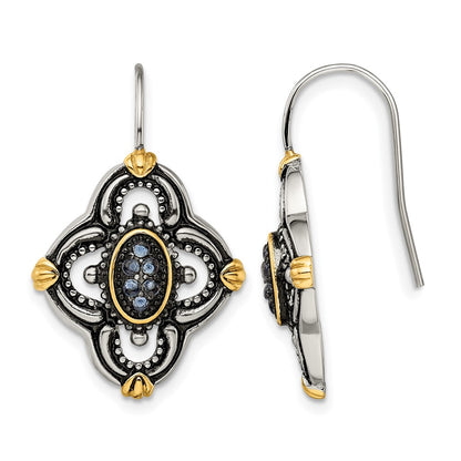Stainless Steel Chisel Antiqued Polished And Textured Yellow Ip-Plated With Blue Glass Shepherd Hook Earrings