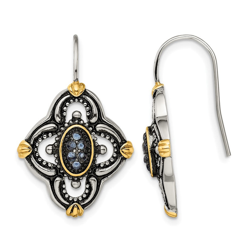 Stainless Steel Chisel Antiqued Polished And Textured Yellow Ip-Plated With Blue Glass Shepherd Hook Earrings