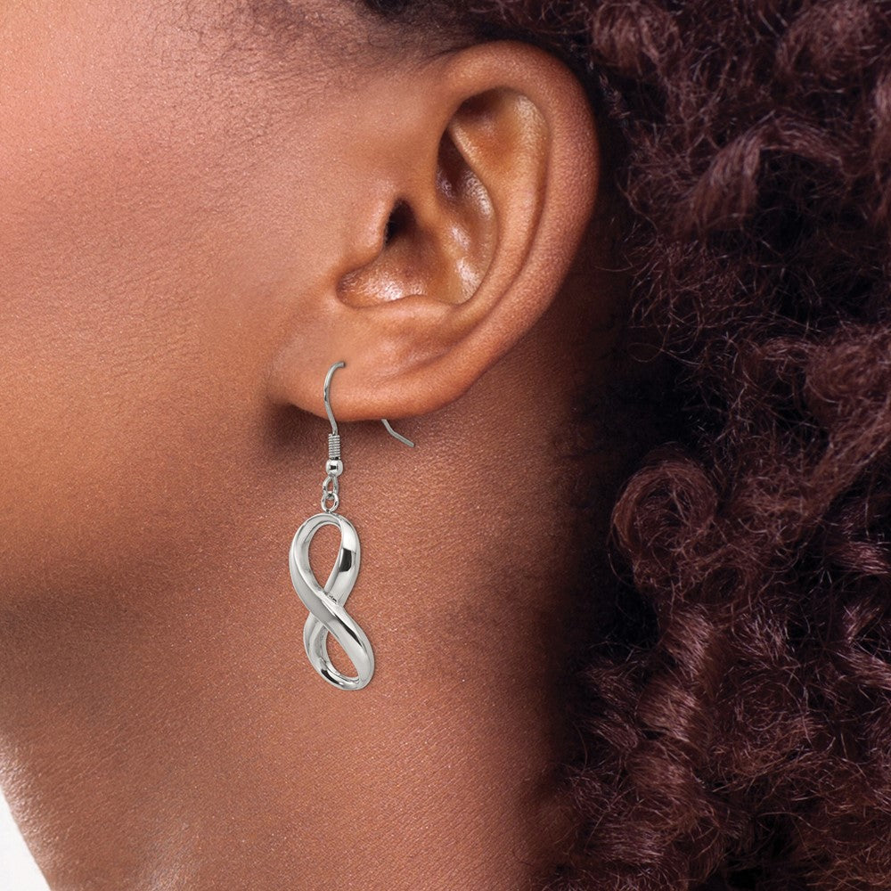 Stainless Steel Chisel Polished Infinity Dangle Shepherd Hook Earrings