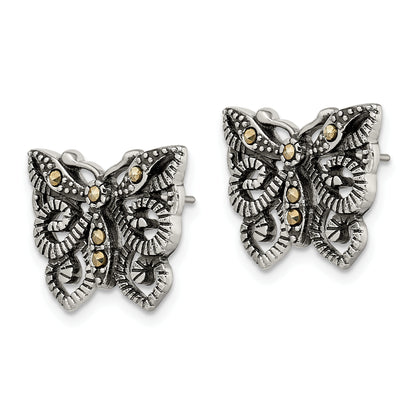Stainless Steel Antiqued And Polished Marcasite Butterfly Post Earrings
