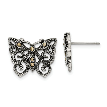 Stainless Steel Antiqued And Polished Marcasite Butterfly Post Earrings