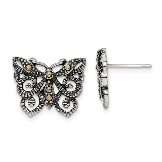 Stainless Steel Antiqued And Polished Marcasite Butterfly Post Earrings