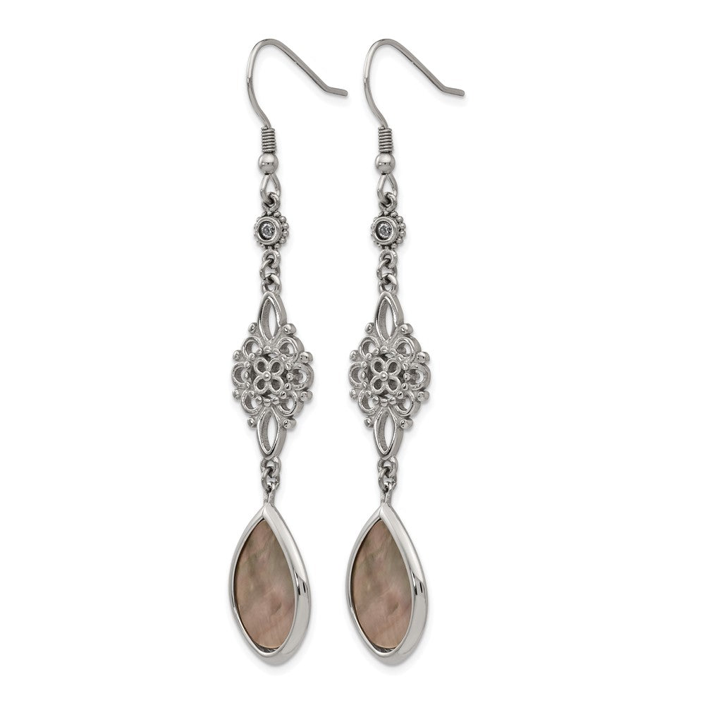 Stainless Steel Chisel Polished Black Mother Of Pearl And Cz Dangle Shepherd Hook Earrings