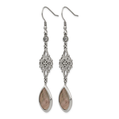 Stainless Steel Chisel Polished Black Mother Of Pearl And Cz Dangle Shepherd Hook Earrings