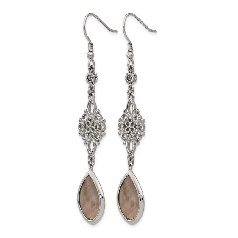 Stainless Steel Chisel Polished Black Mother Of Pearl And Cz Dangle Shepherd Hook Earrings