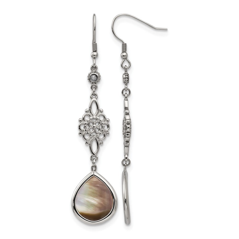 Stainless Steel Chisel Polished Black Mother Of Pearl And Cz Dangle Shepherd Hook Earrings