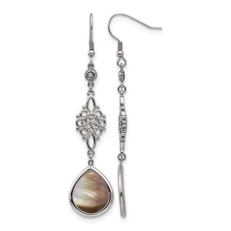 Stainless Steel Chisel Polished Black Mother Of Pearl And Cz Dangle Shepherd Hook Earrings