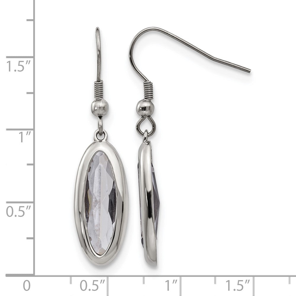 Stainless Steel Chisel Polished Grey Glass Oval Dangle Shepherd Hook Earrings