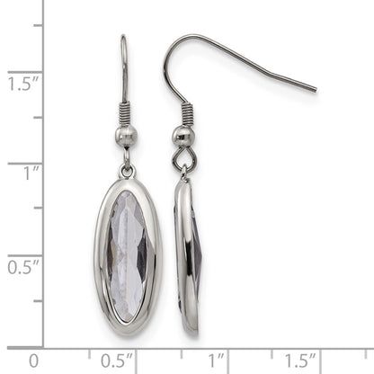 Stainless Steel Chisel Polished Grey Glass Oval Dangle Shepherd Hook Earrings