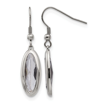 Stainless Steel Chisel Polished Grey Glass Oval Dangle Shepherd Hook Earrings