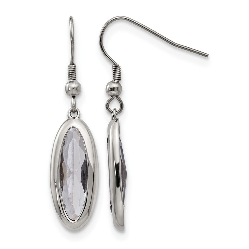 Stainless Steel Chisel Polished Grey Glass Oval Dangle Shepherd Hook Earrings