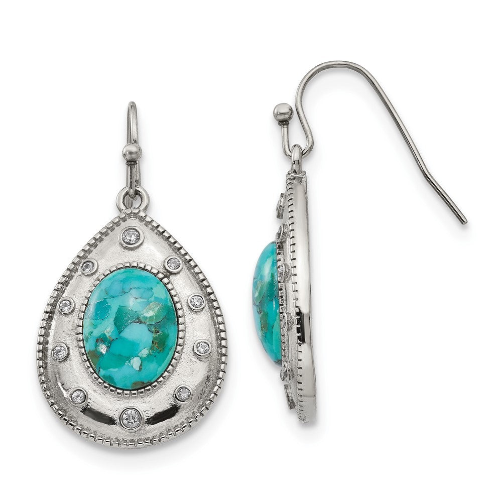 Stainless Steel Chisel Polished Imitation Turquoise And Cz Dangle Shepherd Hook Earrings