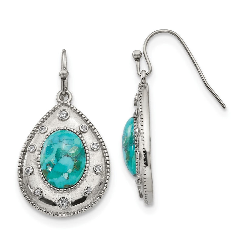 Stainless Steel Chisel Polished Imitation Turquoise And Cz Dangle Shepherd Hook Earrings