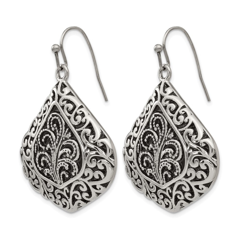 Stainless Steel Chisel Antiqued Polished And Textured Shepherd Hook Earrings