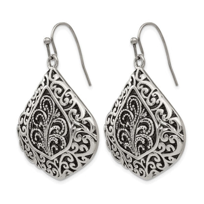 Stainless Steel Chisel Antiqued Polished And Textured Shepherd Hook Earrings