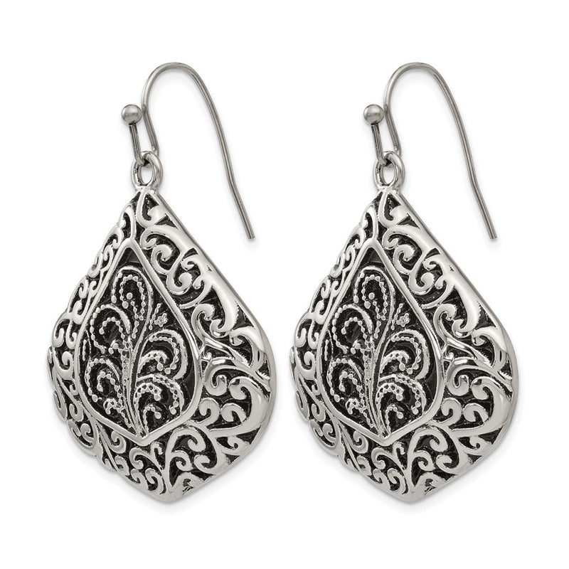 Stainless Steel Chisel Antiqued Polished And Textured Shepherd Hook Earrings