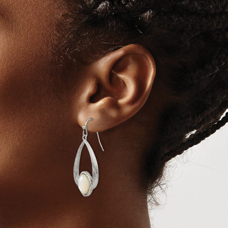 Stainless Steel Chisel Polished And Textured Mother Of Pearl Dangle Shepherd Hook Earrings