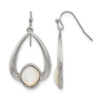 Stainless Steel Chisel Polished And Textured Mother Of Pearl Dangle Shepherd Hook Earrings