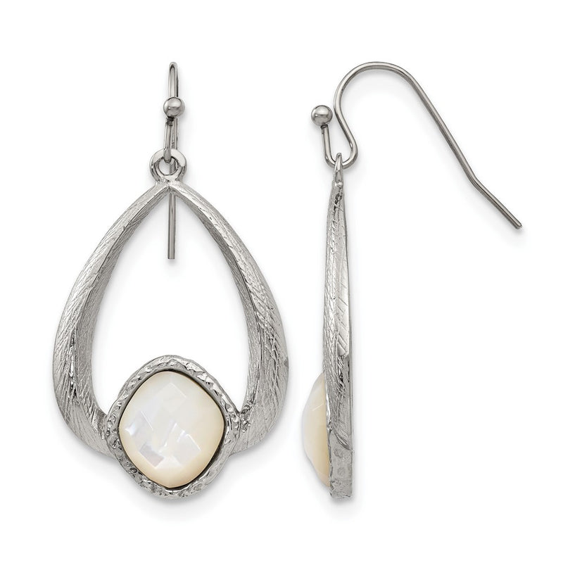 Stainless Steel Chisel Polished And Textured Mother Of Pearl Dangle Shepherd Hook Earrings