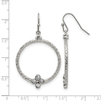 Stainless Steel Polished And Textured W/Cz Shepherd Hook Earrings