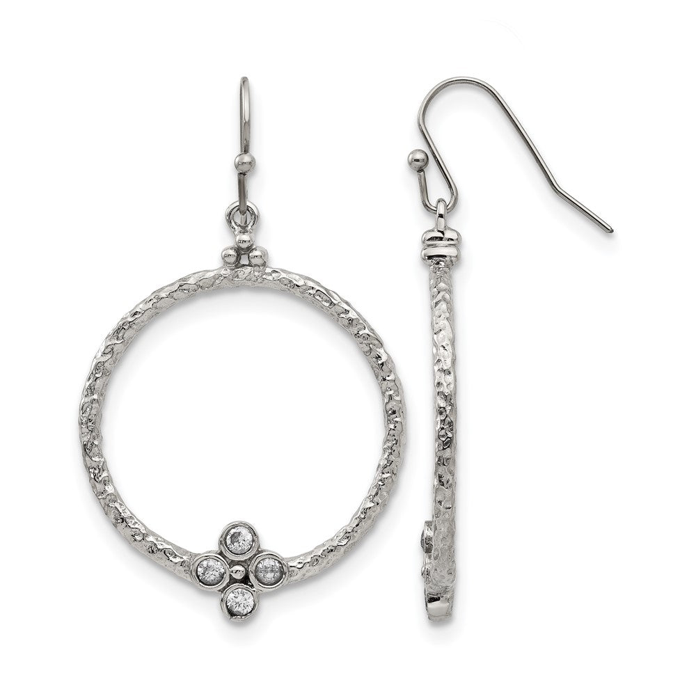 Stainless Steel Polished And Textured W/Cz Shepherd Hook Earrings