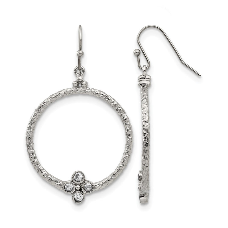 Stainless Steel Polished And Textured W/Cz Shepherd Hook Earrings