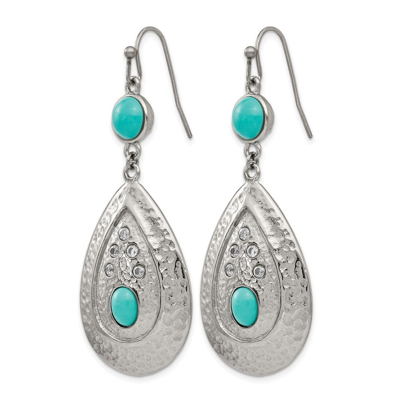 Stainless Steel Chisel Polished Hammered With Imitation Turquoise And Cz Dangle Shepherd Hook Earrings