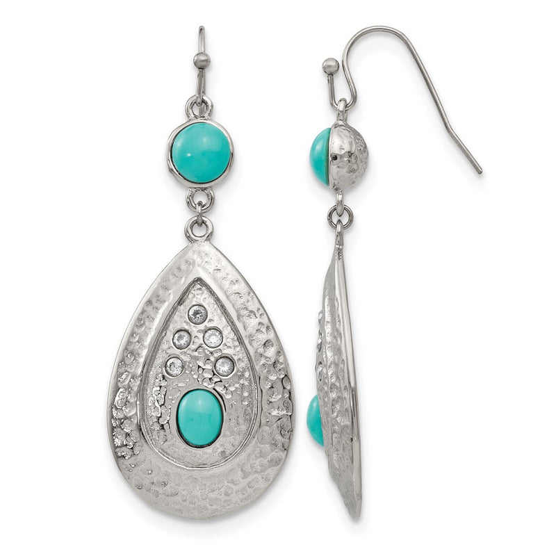 Stainless Steel Chisel Polished Hammered With Imitation Turquoise And Cz Dangle Shepherd Hook Earrings