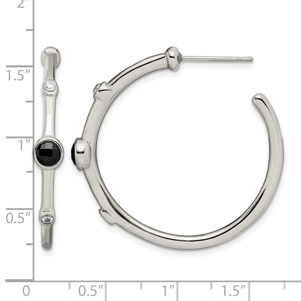 Stainless Steel Chisel Polished With Black Onyx And Cz Post Hoop Earrings
