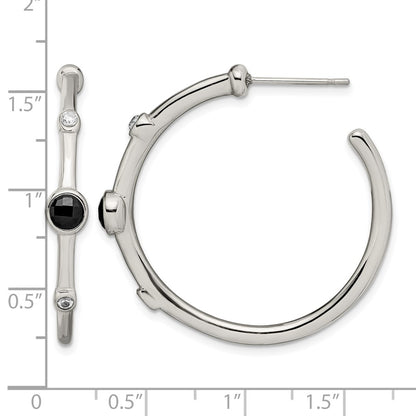 Stainless Steel Chisel Polished With Black Onyx And Cz Post Hoop Earrings